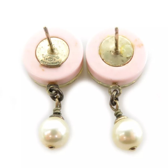 CHANEL Resin Crystal Pearl Striped CC Drop Earrings Pink Gold - Picture 5 of 5